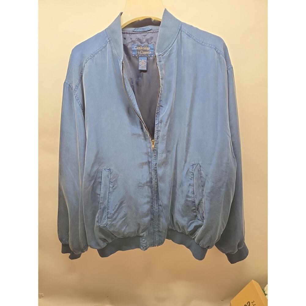 VIntage Cambridge Classics 100% Silk Bomber Jacket Size Men Large Full Zip Blue